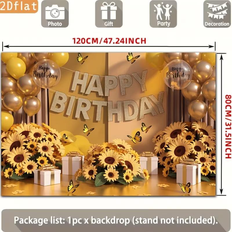 2D Birthday Photography Backdrop Yellow Background with Sunflowers, Butterflies and Balloons