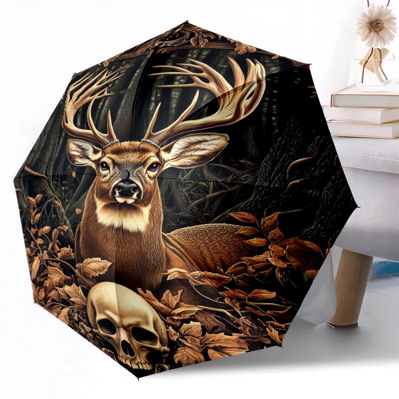 Forest Deer Skull Outdoor Automatic Umbrella Sturdy 8 Rib Durable Plastic Iron Outdoor Daily Use Outdoor Accessory Perfect Gift Friends