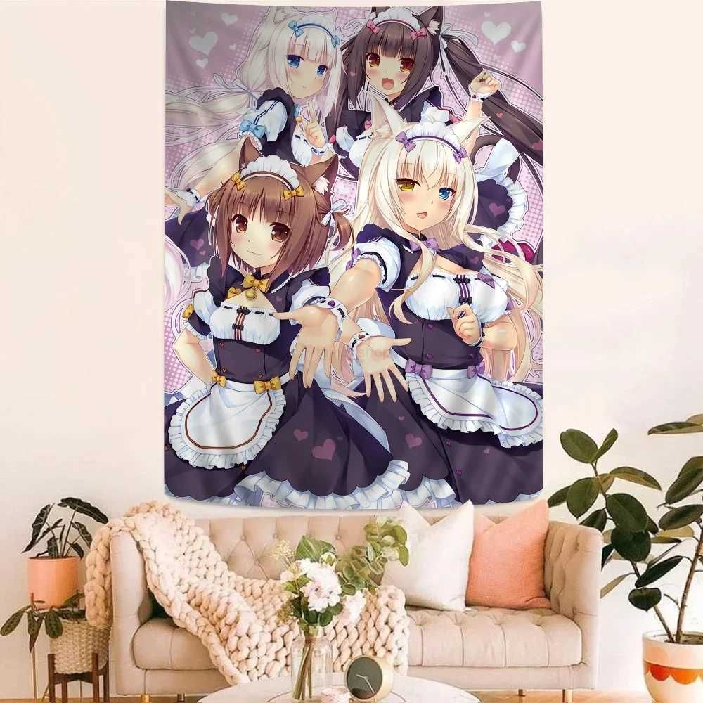 Nekopara Cat Maid Tapestry, Chocola & Friends Anime Print Wall Hanging, Polyester Fabric for Bedroom Dorm, Aesthetic Kawaii Home