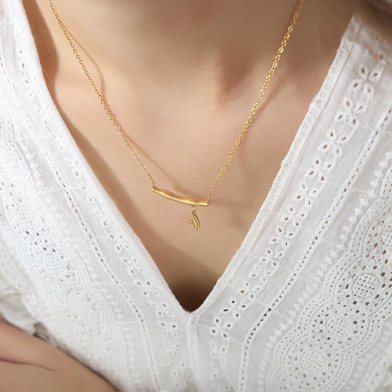 New Chinese Bamboo Pendant Necklace Titanium Steel 18K Gold Port Style Retro Personality Versatile Sweet Girl Temperament Jewelry