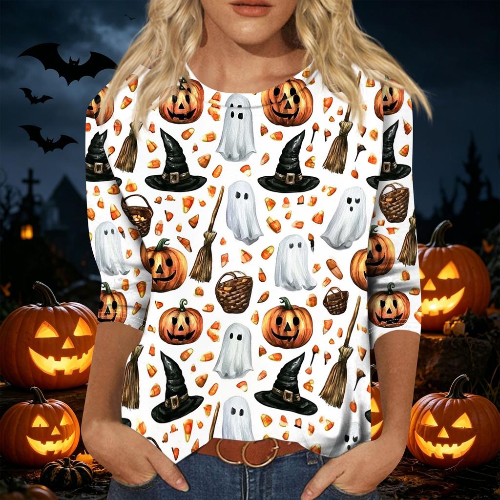 Women Casual Three Quarter Sleeve Halloween Print Round Neck Top Lightweight Comfortable Fit Seasonal Shirt for Everyday Wear