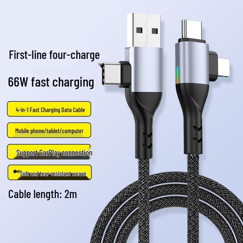 4-in-1 PD100W Fast Charging Cable for Apple Devices: Phones, Computers, Tablets - Dual Data Cable