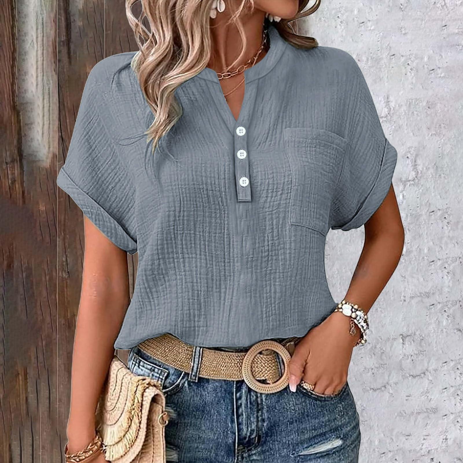 

Women s Blouse, Linen Blouse, Women s Summer Button-Down Linen Shirt,Short Sleeve V-Neck Blouse With Pockets S