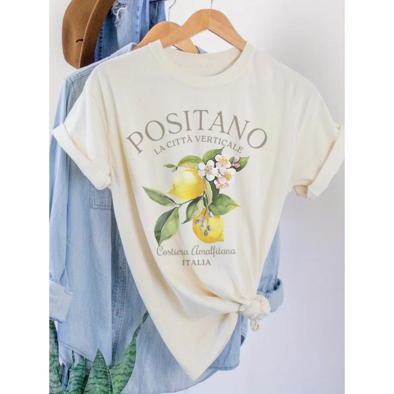 

Plus Size Women Tees Positano Lemon Print T-shirt Short Sleeve Crew Neck Casual Top For Summer Fashion Vintage Fruit T Shirt 3XL