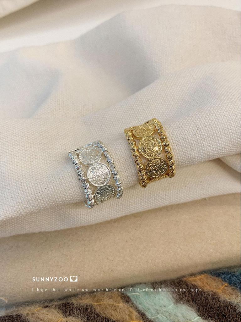 San Francisco Vintage Chic Wide Band Brass Ring, White Gold Plated Retro Index Finger Ring