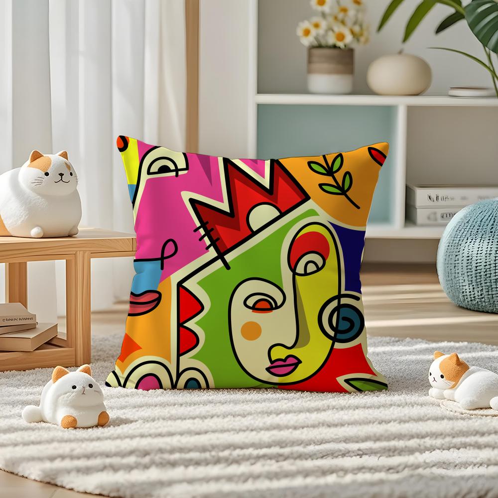 Colorful Abstract Faces Pillow Case Silky elegant Comfort Sofa Bed Invisible zipper