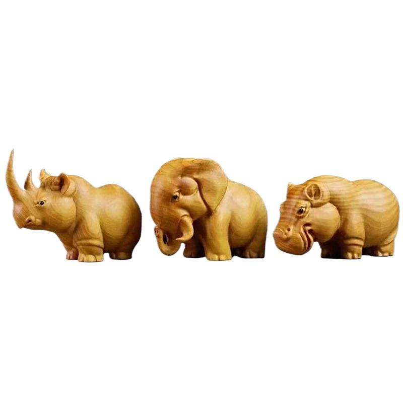 1/3pcs Wooden Product Rhino Hippo Elephant Room Home Decor Car Ornaments Decoration Sculptures & Figurines Manual Wood Carving