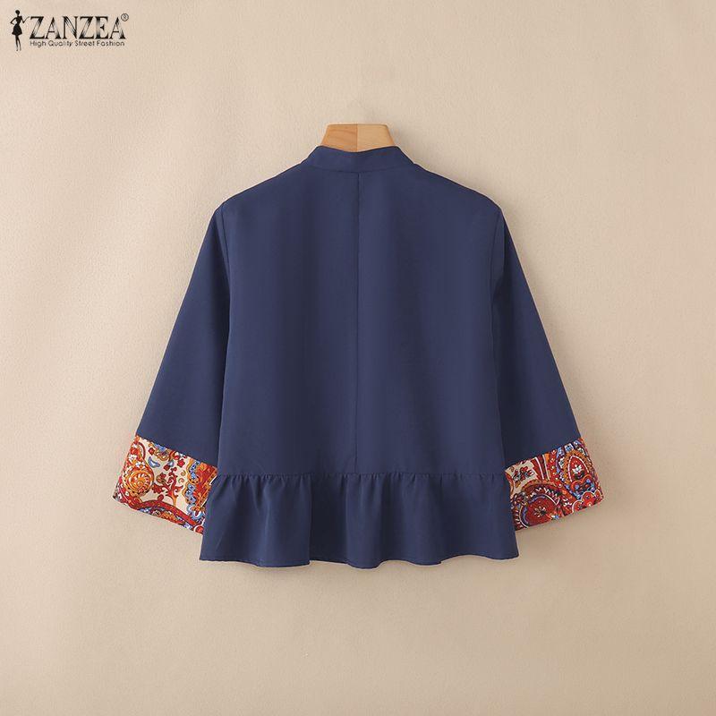 ZANZEA Damen Lässige Stehkragen Patchwork 3/4 Ärmel Retro Bluse