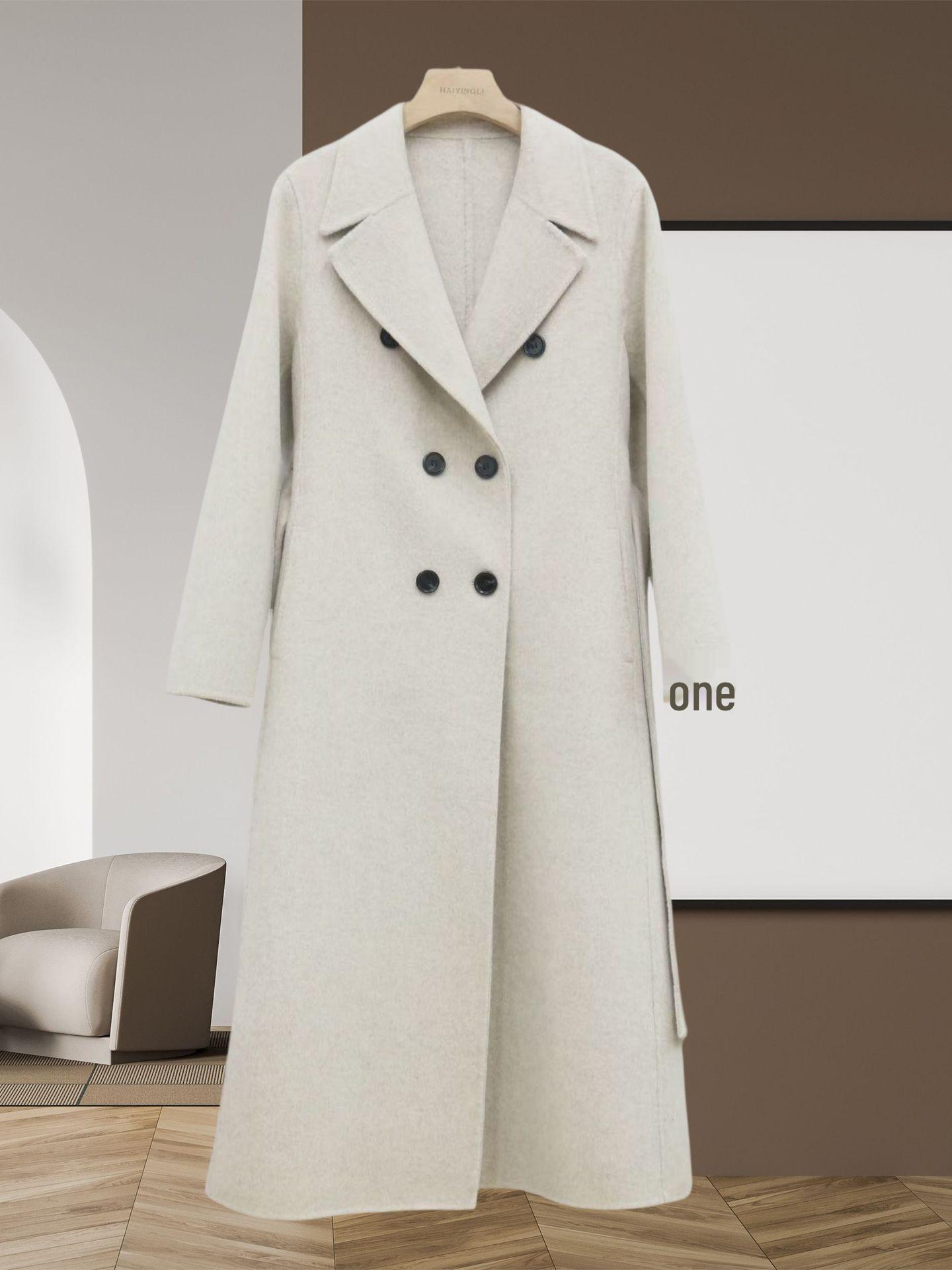 

2025 Осень/Зима Стильное пальто из двухстороннего кашемира с отложным воротником, приталенное, длинное, из смесовой шерсти M for 110-130 catties