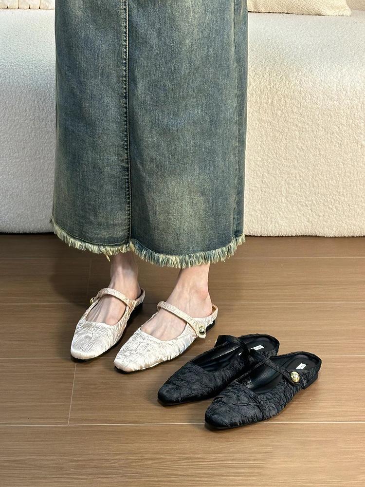 Sheepskin version~ New Chinese baotou half slippers, female style gentle fairy style lazy person with one foot, flat-soled muller shoes