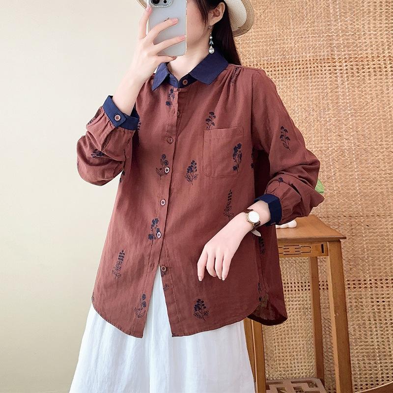 Dubbellaagse katoenen garen pure katoen revershemd, nieuwe Japanse casual stijl los en eenvoudig bloemenprint lange mouwen top voor dames