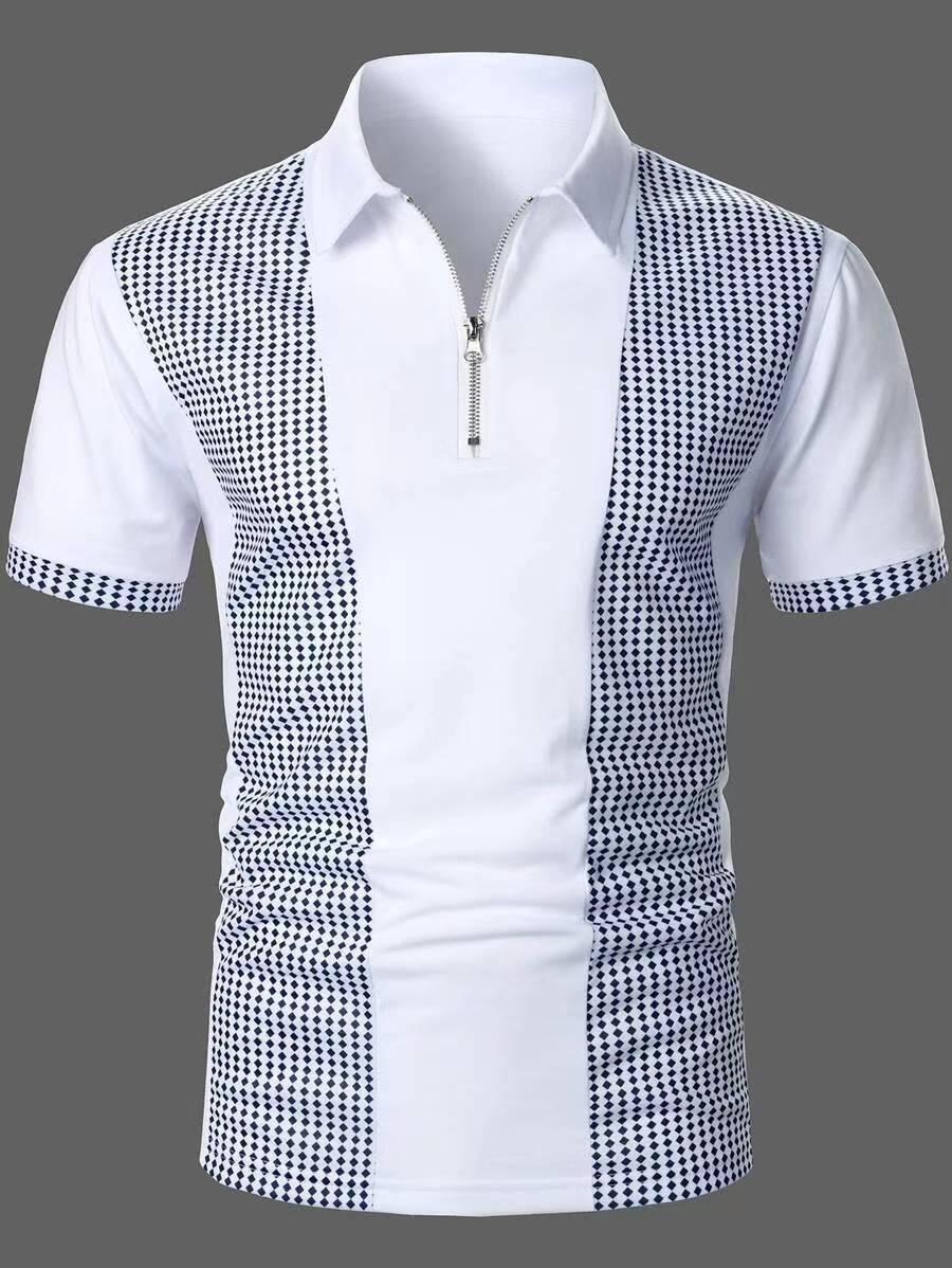 

European & American Men s 3D Print Turn-Down Collar Short Sleeve Zipper Polo T-Shirt XL