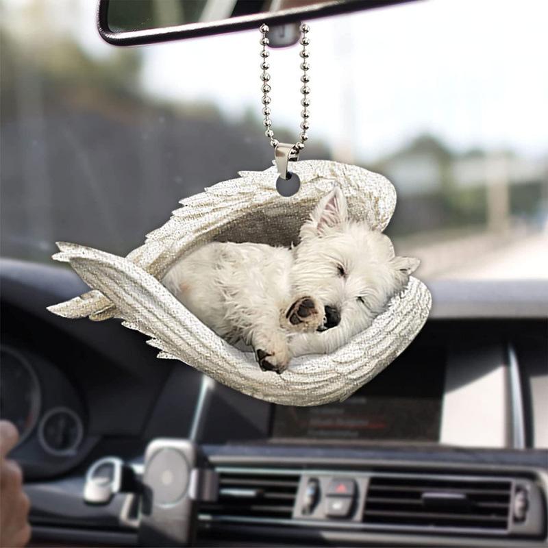 Creative Sleeping Angel Wing Puppy Memorial 2D Flat Car Rear View Mirror Accessories Ornament Decoration Hanging Charm Pendant
