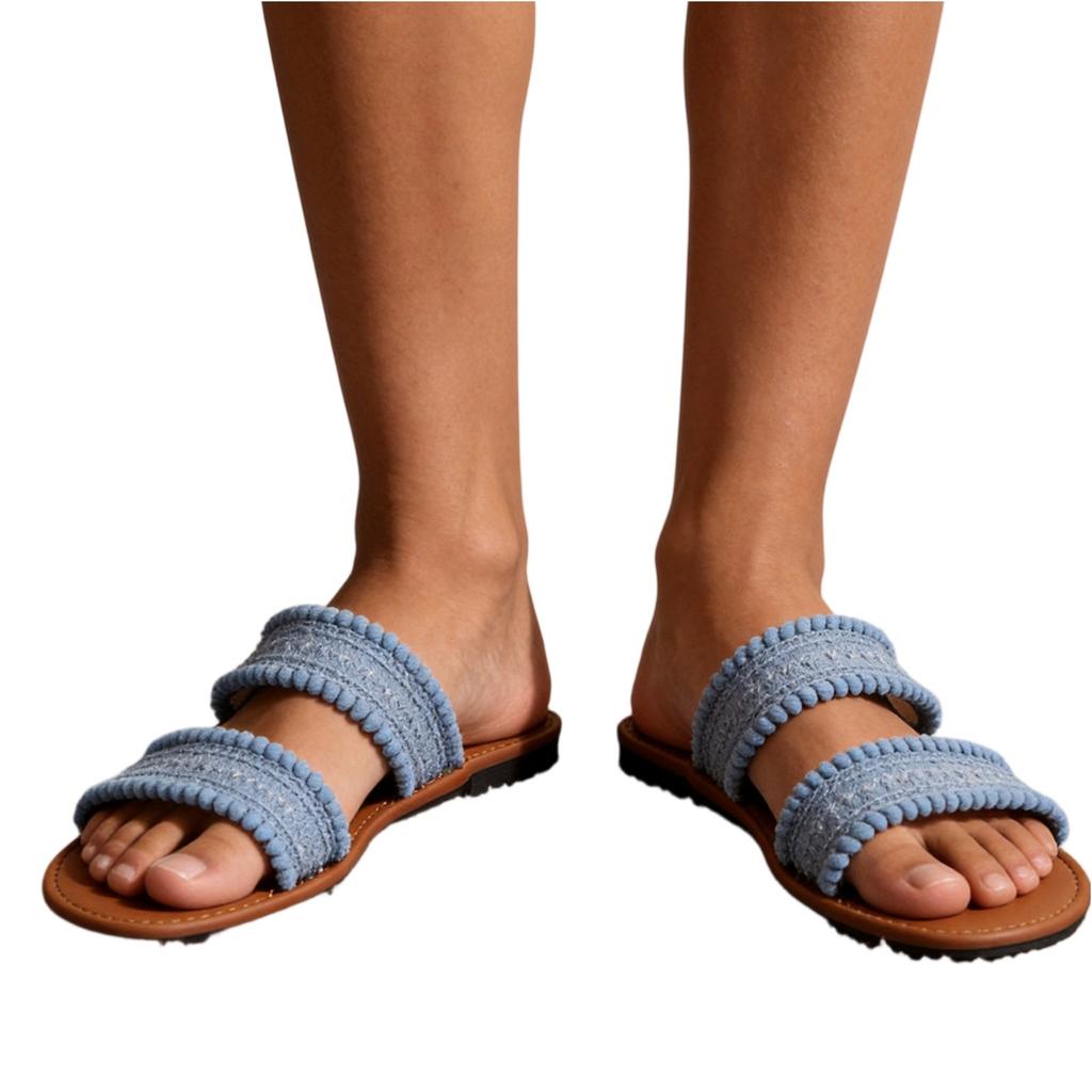 Women's Bohemian Style Double Strap Frayed Edge Slide Sandals Summer Casual Flat Open Toe Slip On Slippers