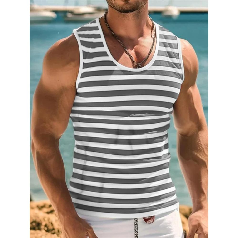 Mens Retro Stripe Graphic Vest Fashion Summer Sleeveless Casual 3D Printed Vest Loose Soft Comfortable Breathable Vest
