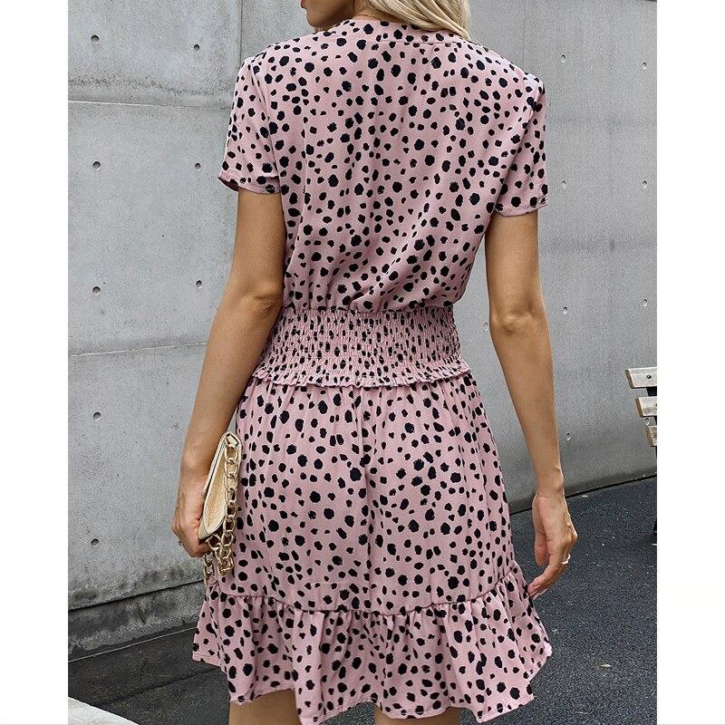 Fashion Slim Dot Printed O-neck Mini Dress Women Sexy Short-sleeved Elastic Waist Ladies Dress Sweet Pink A-line  Robe 26508