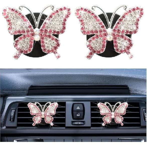 2PCS Bling Butterfly Car Freshener Air Vent Clips, Sparkling Crystal Rhinestone Auto Diffuser Clamps, Full Diamond Vehicle Interior Decoration Charm