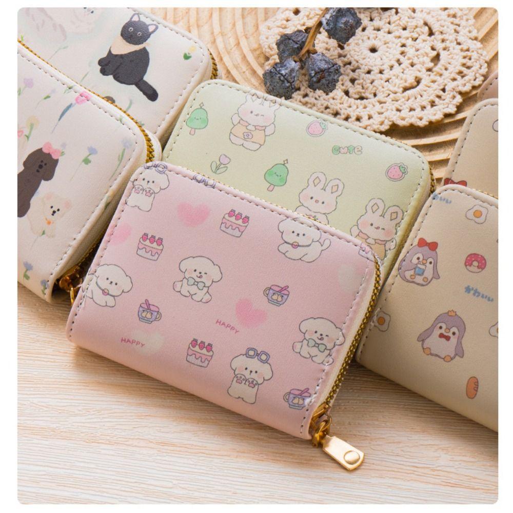 Portable Cartoon Print Mini Short Wallet PU Leather Multi-slot Organ Card Holder Zipper Lightweight Students Coin Purse
