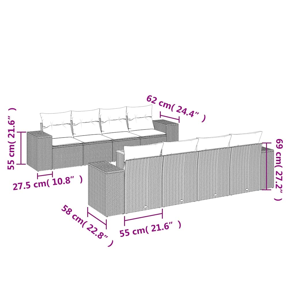 9-teiliges Gartensofa-Set mit Kissen Schwarzes Poly-Rattan