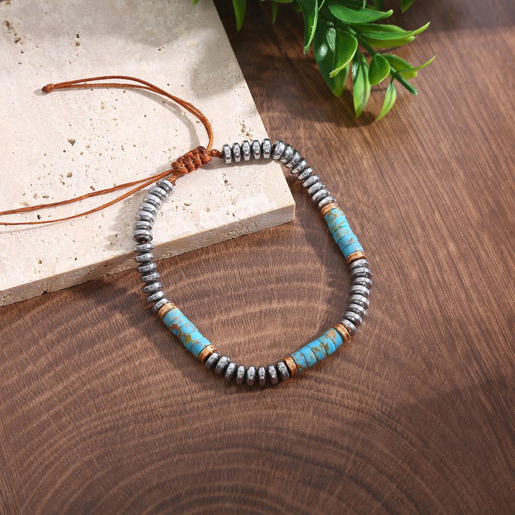 Mens Fashion Turquoise Beaded Adjustable Hip Hop Bracelet