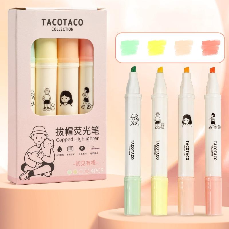 4pcs Tacotaco Color Highlighter Pens Set Cartoon Capped Art Marker for Drawing Painting Office School A7594