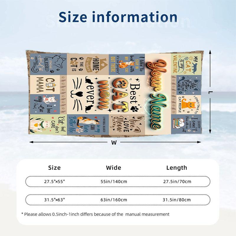 Cat Theme Beach Towel Personalized Custom Name & Text Soft Quick Dry Beach Towel for Swimming Travel
