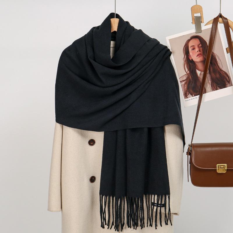 Hot-selling new monochrome imitation cashmere versatile fringed scarf in autumn and winter, warm long shawl scarf