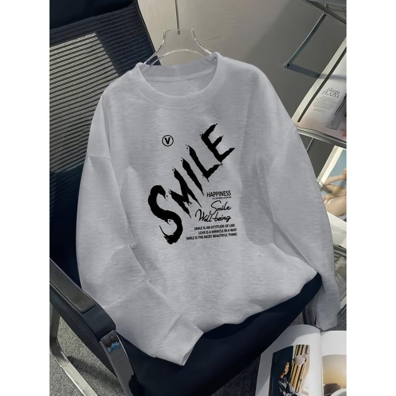 European sizes Youth Boys' Smile Print Casual Sport Long-Sleeve Sweatshirt, Warm Crew Neck Top, Outdoor Wear.