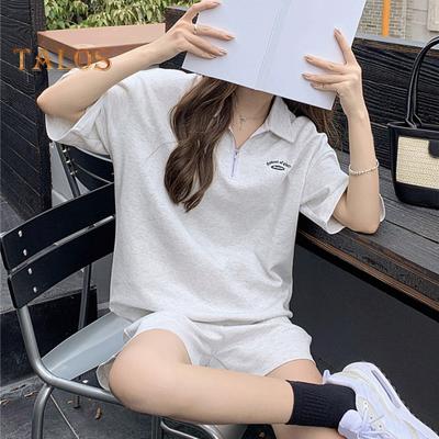 2 Pcs/Set Women Summer Sweatshirt Pants Set Short Sleeve Zippered Turn-down Collar Top Drawstring Elastic Waist Loose Sweatpants Tracksuit Pansuit