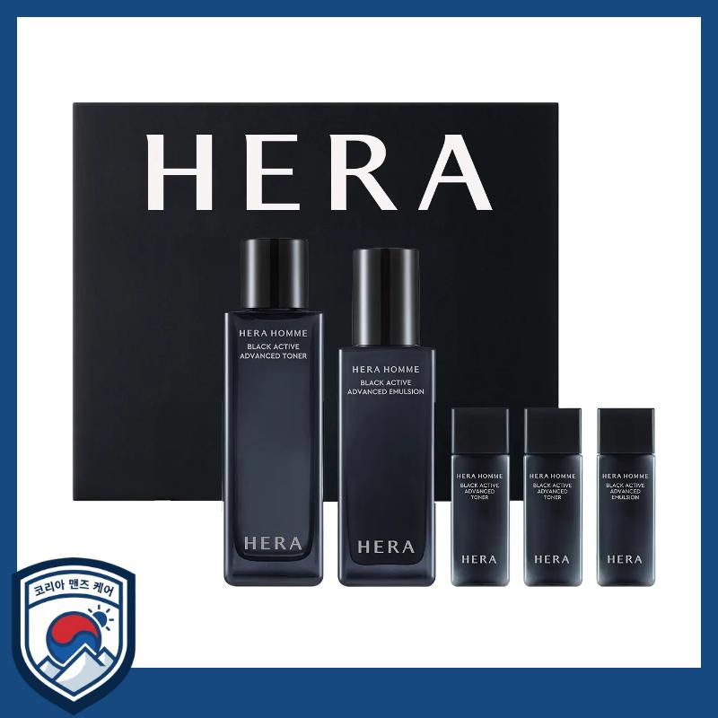 [HERA] Homme Black Active Hautpflege 2-teiliges Set - Premium Gesichts-Toner (125ml) & Emulsion (110ml) Luxuriöse Anti-Aging-Box mit 3 Reise-Minis