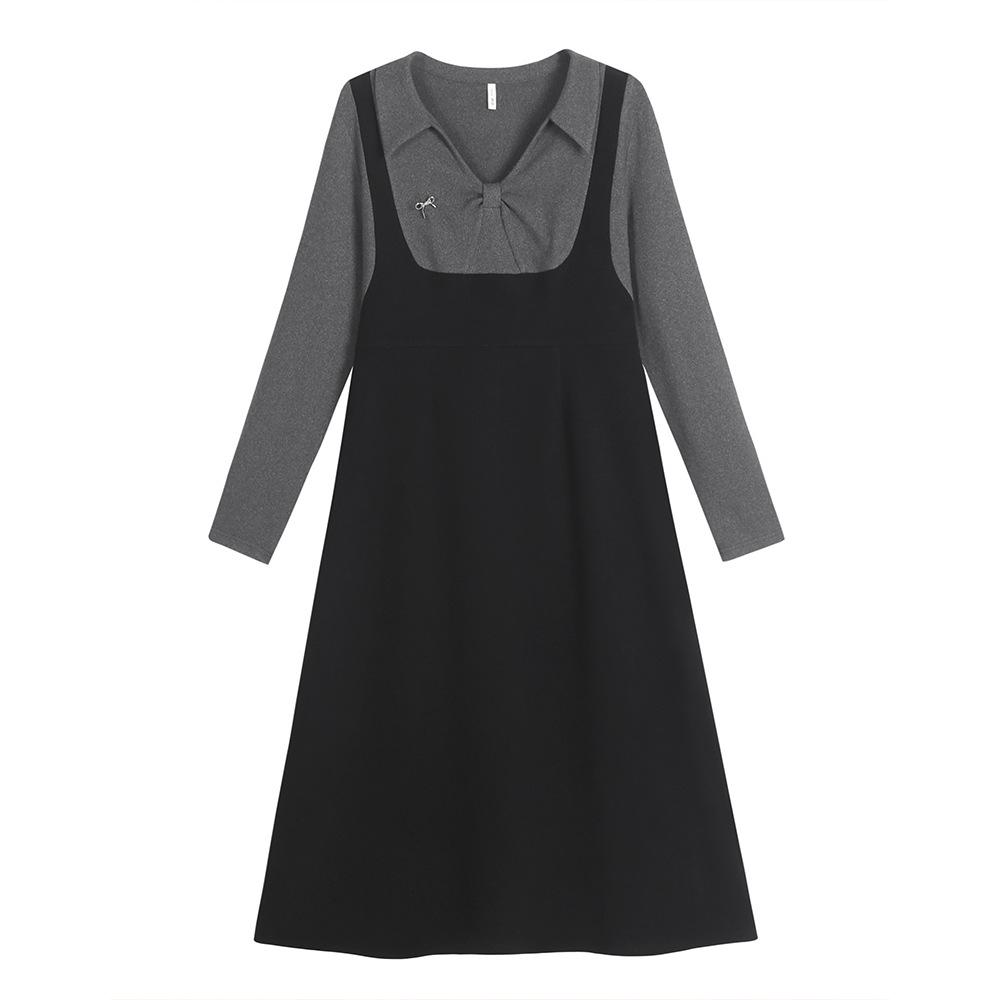 

Plus Size Color-Block Bowknot Dress - Fake Two-Piece, Slimming, Thickened, Regular Shoulder. 1XL (for 120-140 jin) чёрный