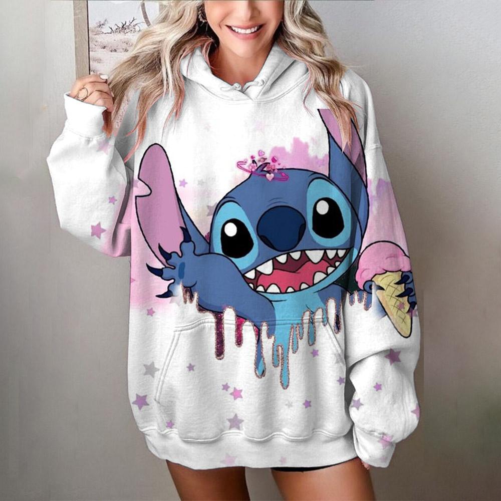Miniso 2025 Mikiny s 3D potiskem Stitch pro ženy, roztomilý kreslený potisk, dámské módní mikiny s dlouhým rukávem, pouliční styl, podzim/zima, nové pulovry