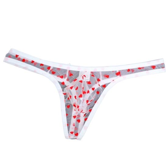Men Thong Low Waist Perspective Design Breathable Panties Heart Pattern Briefs Mesh Romantic Valentine Day Briefs