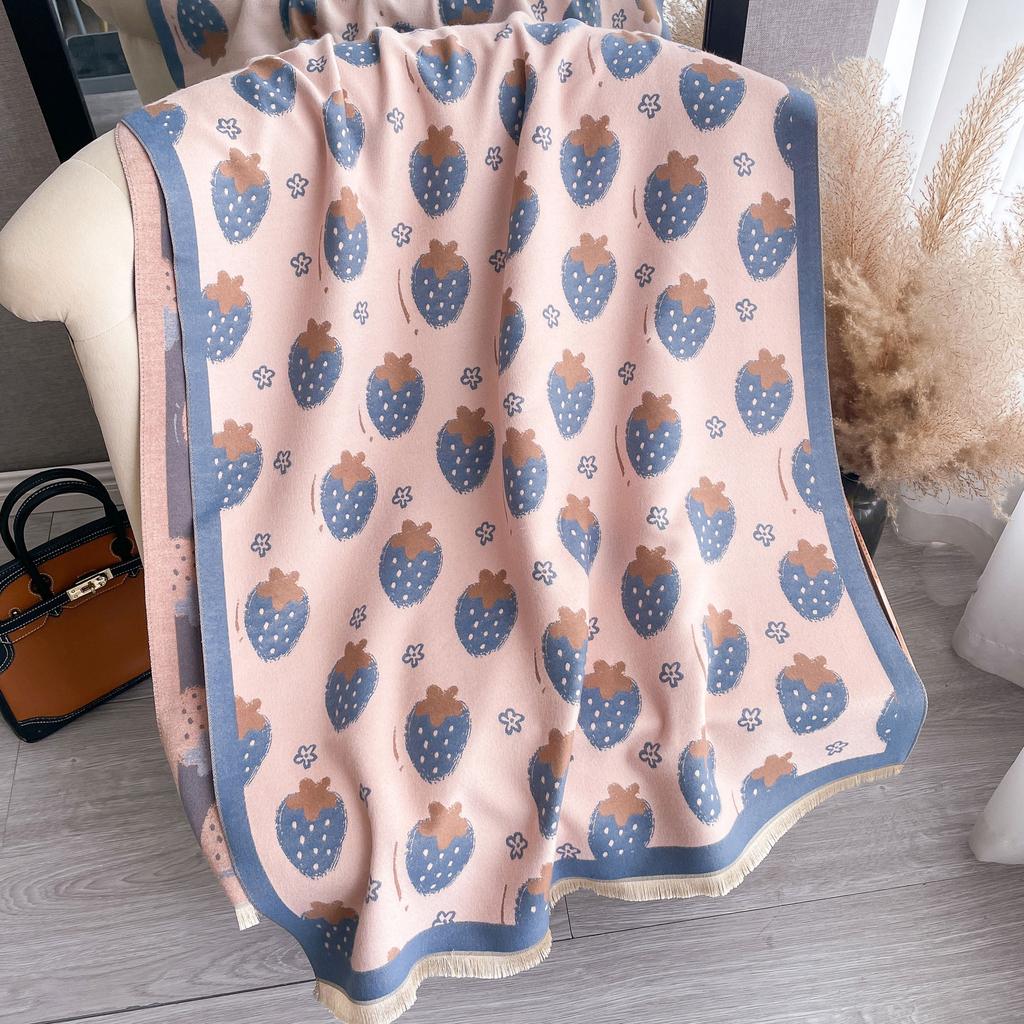 Korean Version Cute Strawberry Imitation Cashmere Scarf Women'S Long Travel Sunscreen Printed Fringed Medium Long Shawl