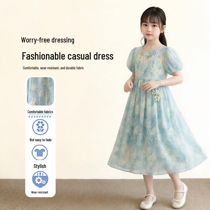 

Girls Summer Light Blue Floral Bubble Sleeve Princess Dress 130
