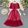 Fashion Dress for Women V Neck A-line Flounced Edge Printing Chiffon Vestidos Lace-up Folds Lining Dresses Summer
