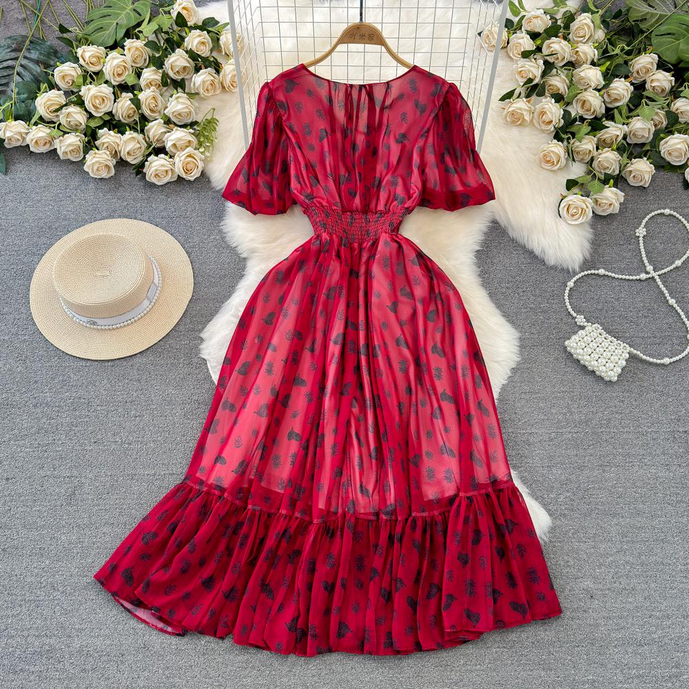Fashion Dress for Women V Neck A-line Flounced Edge Printing Chiffon Vestidos Lace-up Folds Lining Dresses Summer