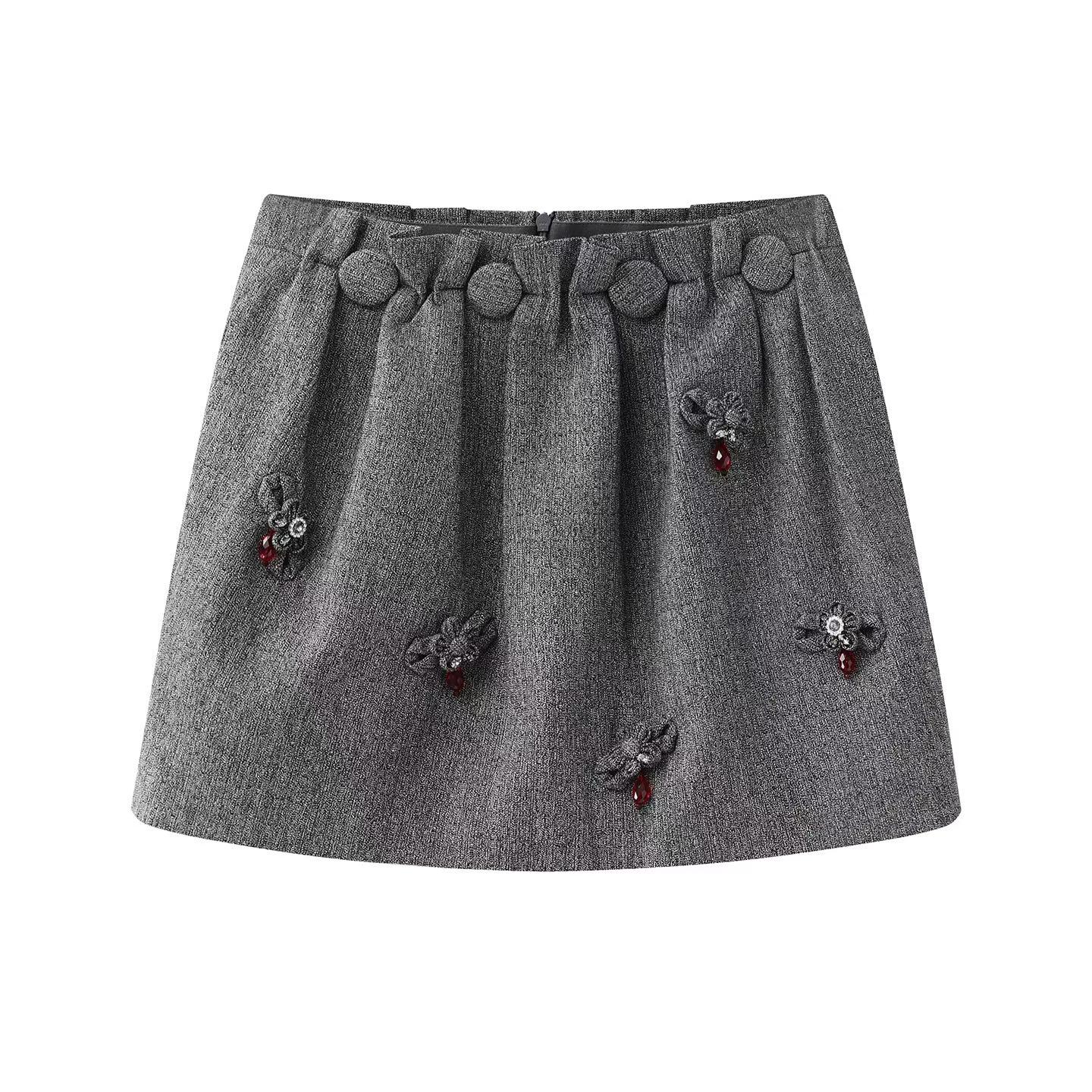 In-Stock Spring 2026 Sweet Style 3D Bow & Flower Embellished Short Skirt Large серый