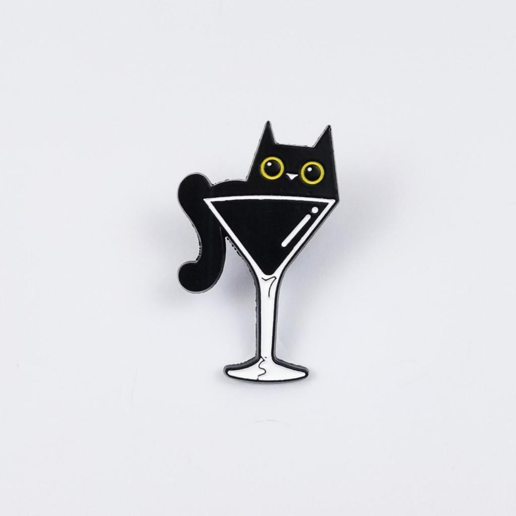 Black Cat Metal Brooch - Cartoon Fish Tank & Wine Glass Shape, Children's Backpack Accessory Badge