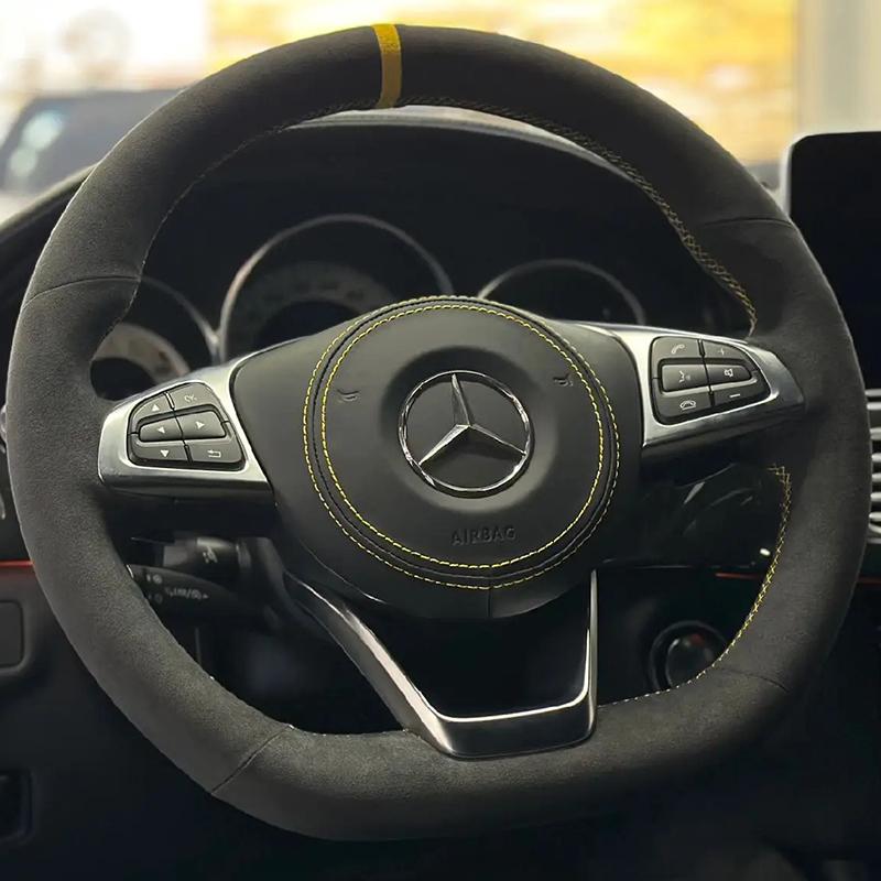 

For Mercedes Benz W176 W246 W205 C117 218 X218 C253 W213 W166 Hand-stitched black suede carbon fiber car steering wheel cover