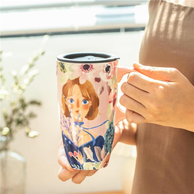 Large Capacity Ceramic Coffee Mug Travel Mug with Lid Latte Mugs With Handle Household Drinking Flower Tea Cup