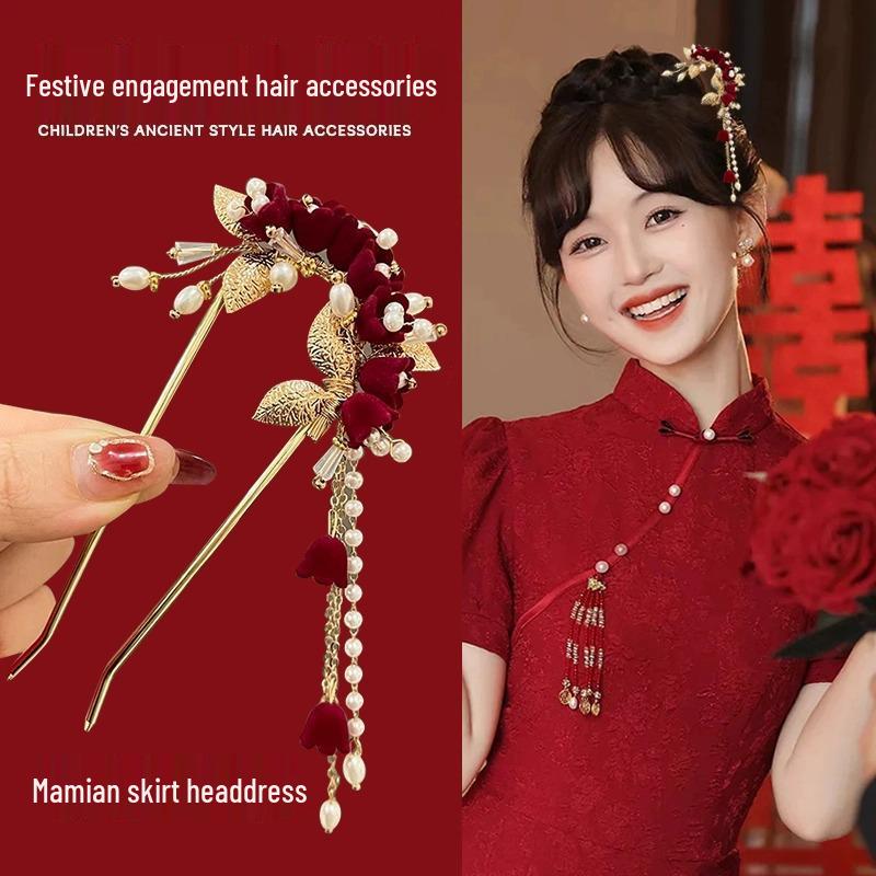 Red Camellia Tassel Hair Clips for Bridal Updo or Evening Gown