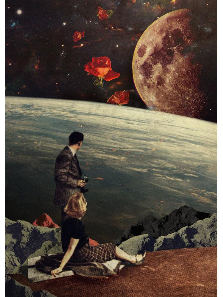 Vinatge Space Collage Night Sky Posters Canvas Painting Galaxy Moon Surrealism Wall Art Picture For Living Room Home Decoration