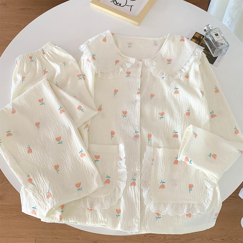 Small Fresh Flower Doll Collar Pajamas Women'S Spring And Autumn Cloud Cotton Long-Sleeved Loungewear Set