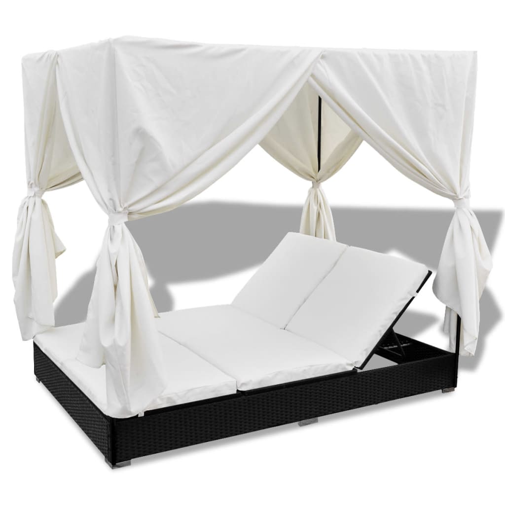 Outdoor Double Sun Lounger with Canopy and Curtains Poly Rattan Black