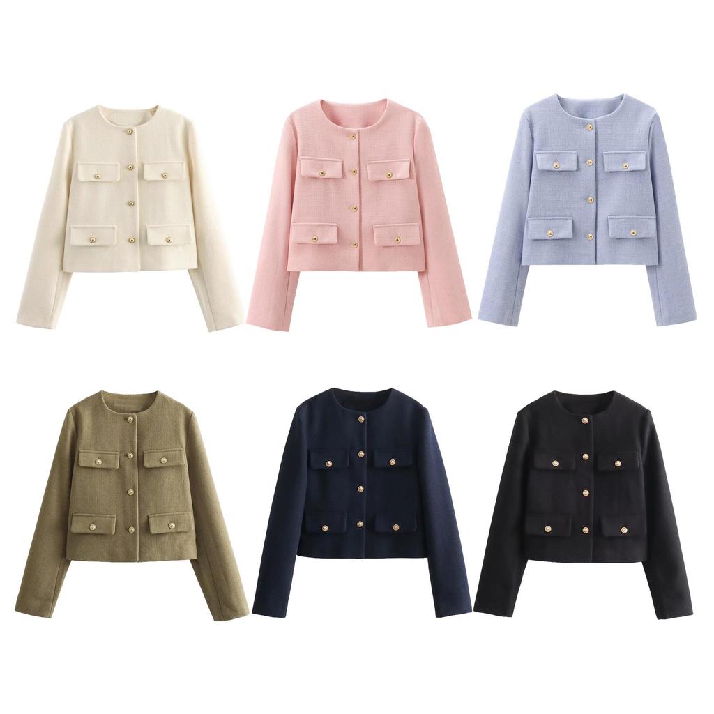 2024 Autumn Women's Pocket Crew Neck Fashion Coat