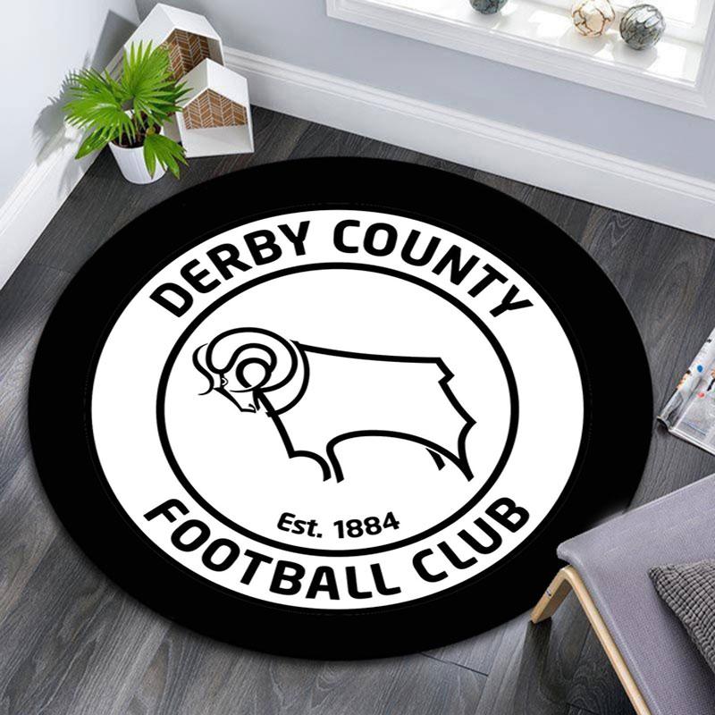Derby County FC Logo Printed Round Rug, Non Slip Washable Circular Carpet For Living Room Bedroom Playroom, Sports Fan Decor, Holiday Birthday Gift