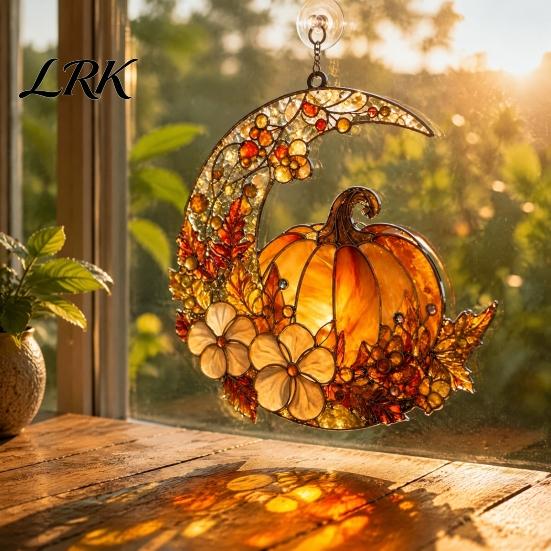 Acrylic Fairy Tale Suncatcher for Indoor Outdoor Stained Glass Pumpkin Moon Suncatcher, Crescent Window Hanging Decor with Chic Autumn Atmosphere