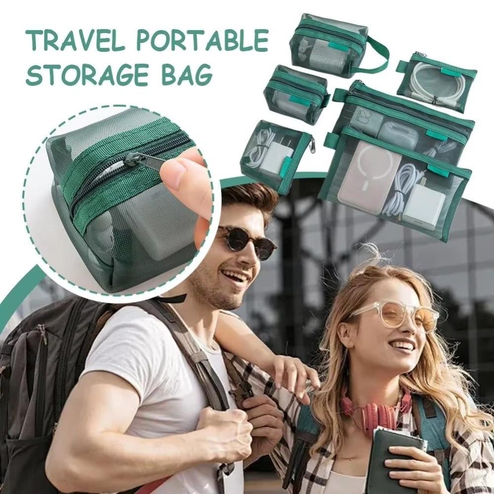 6pcs Set Square Mesh Storage Pouch Nylon Mini Zipper Coin Purse Charging Cables Storage  Home Use