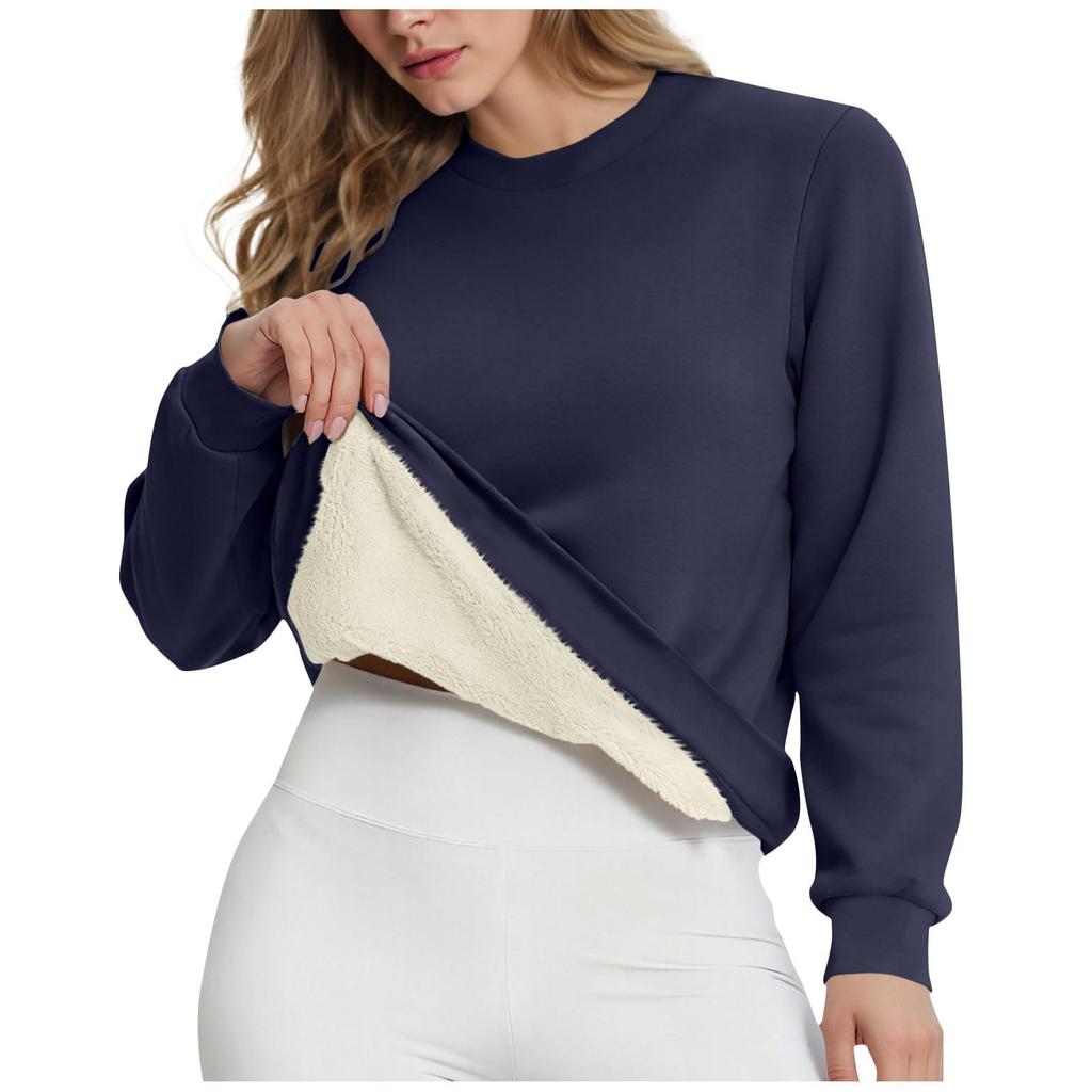 Women's Casual Fashion RoundNeck Pullover Top Winter Solid Color Plush Sweatshirt